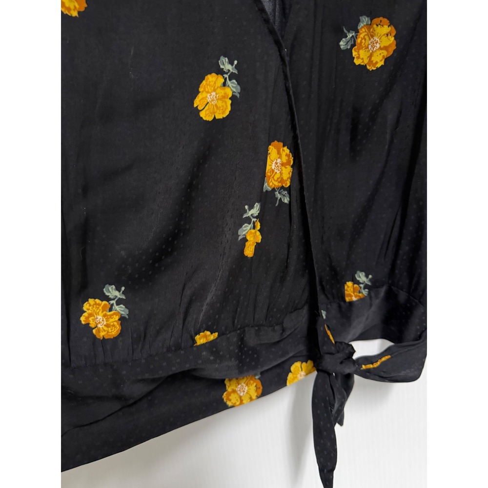 Madewell Black Floral Jacquard Tie Front Wrap Top Puff Sleeve XS Yellow Flowers - Picture 4 of 4